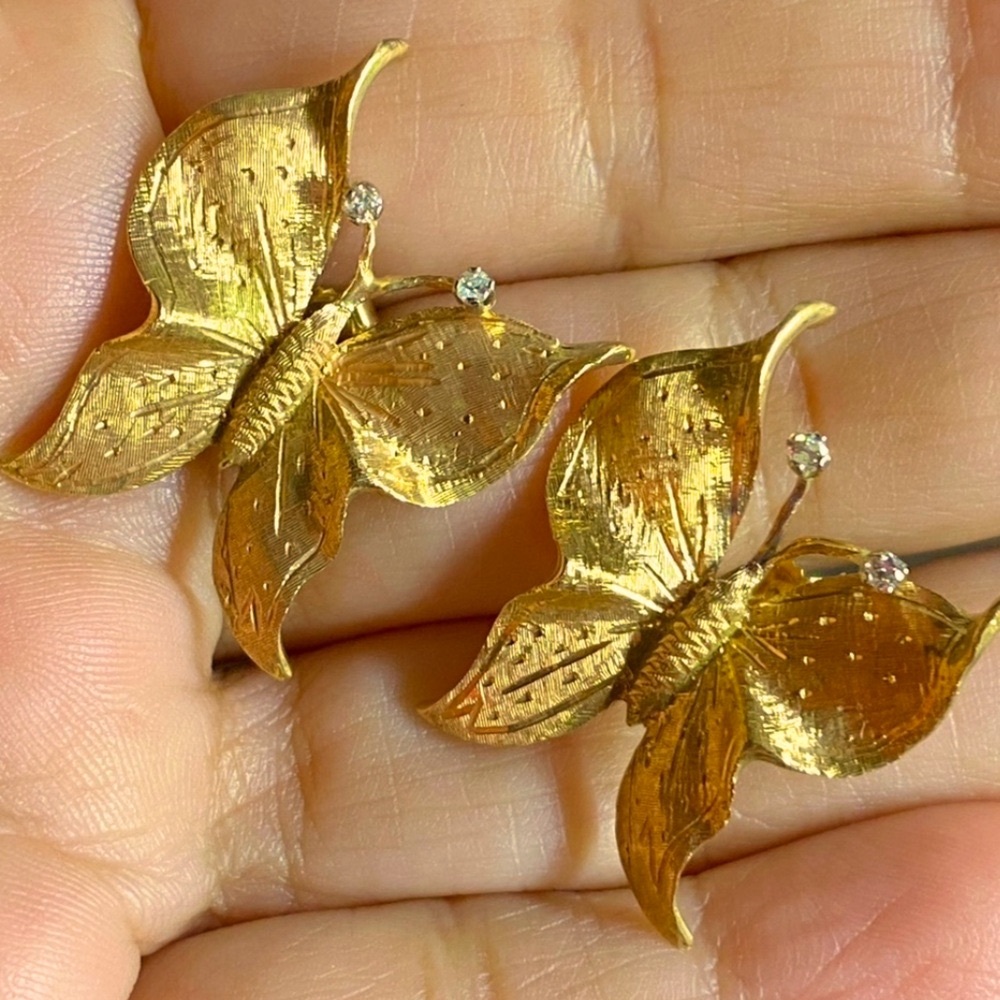 GORGEOUS Vintage CUSTOM 14k Yellow Gold Diamond BUTTERFLY Statement Earrings!